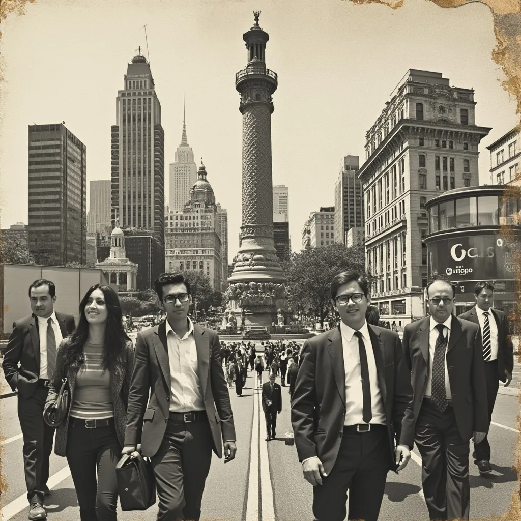 Collage de imágenes representando la evolución de NegociosMx desde su fundación hasta la actualidad, estilo retro monocromático.