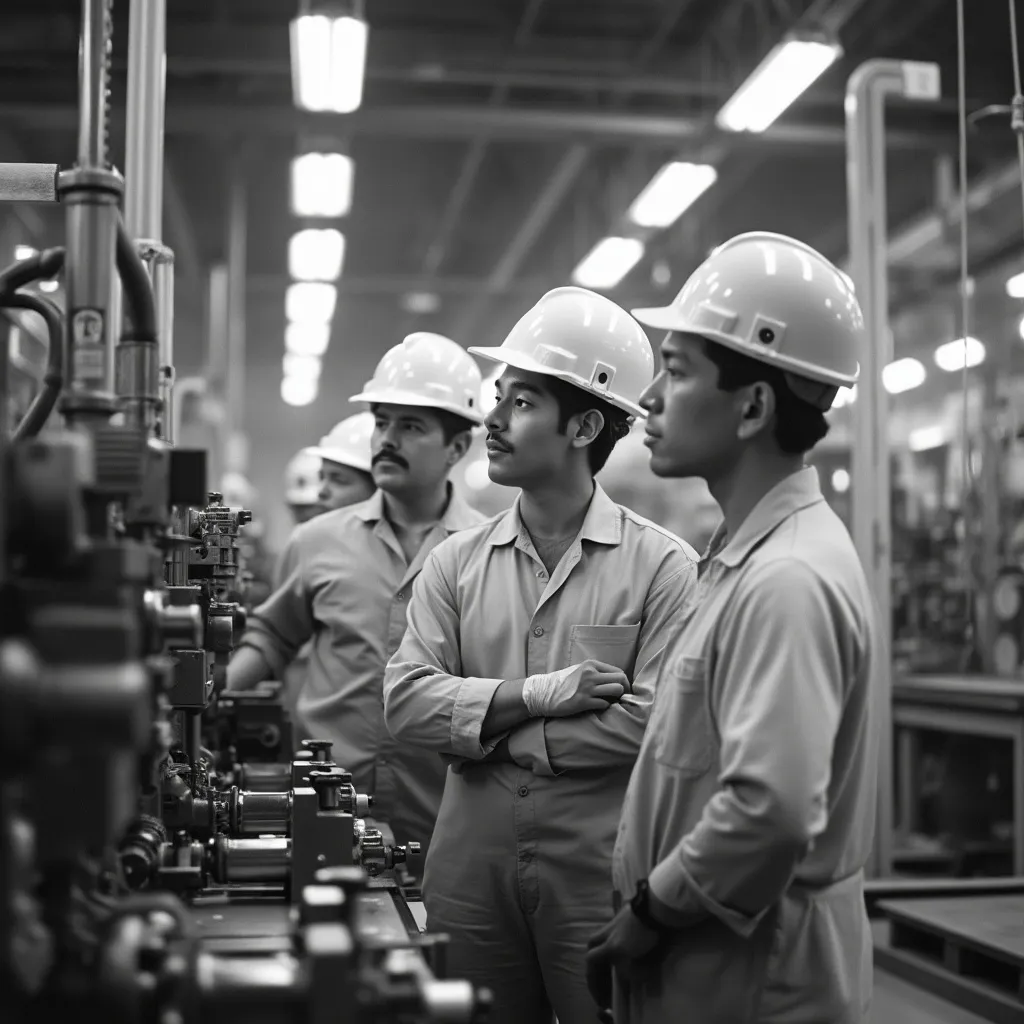 Trabajadores en una planta de manufactura moderna